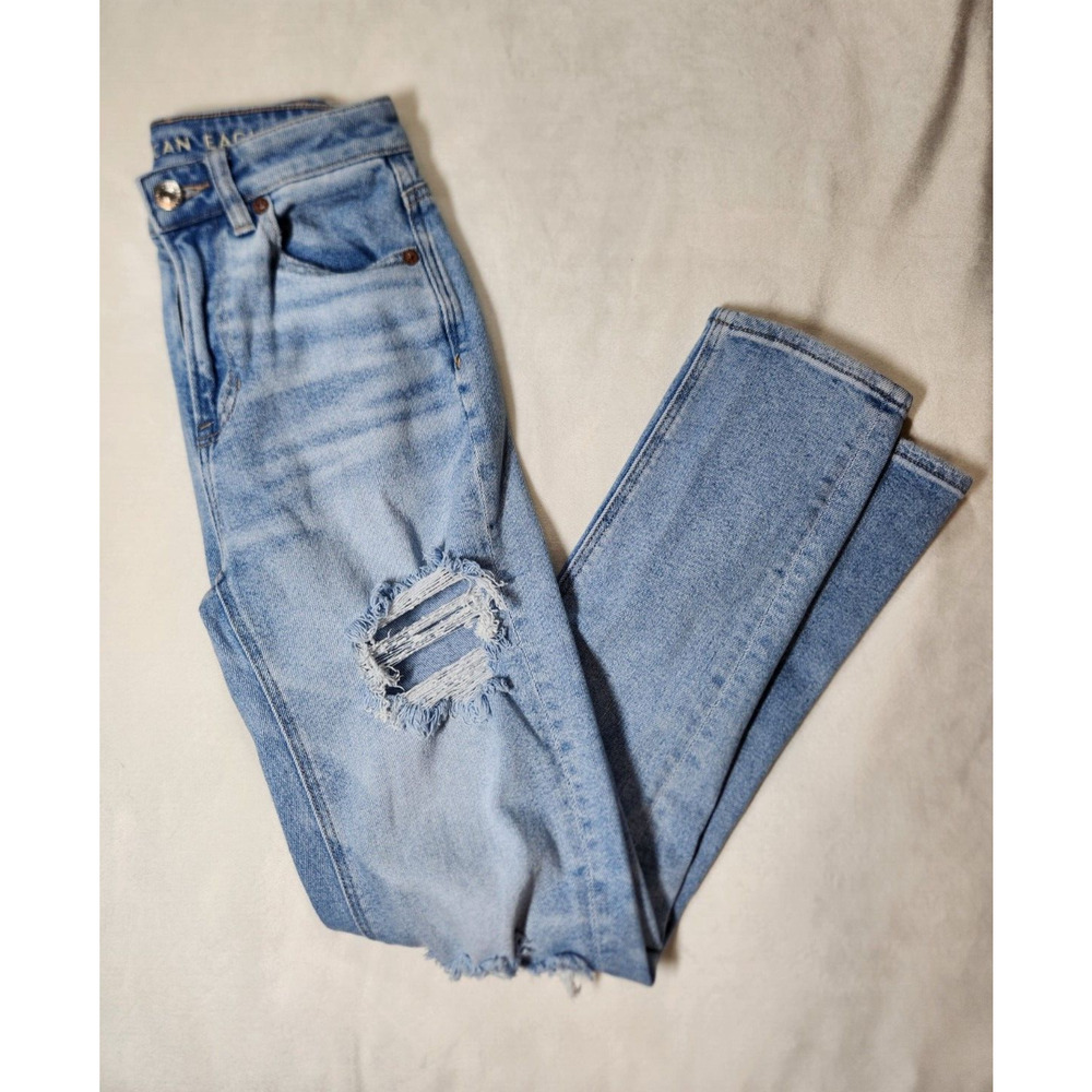 Sz000 American Eagle Mom Jean Straight Leg Distressed Light Wash Womens Size 000